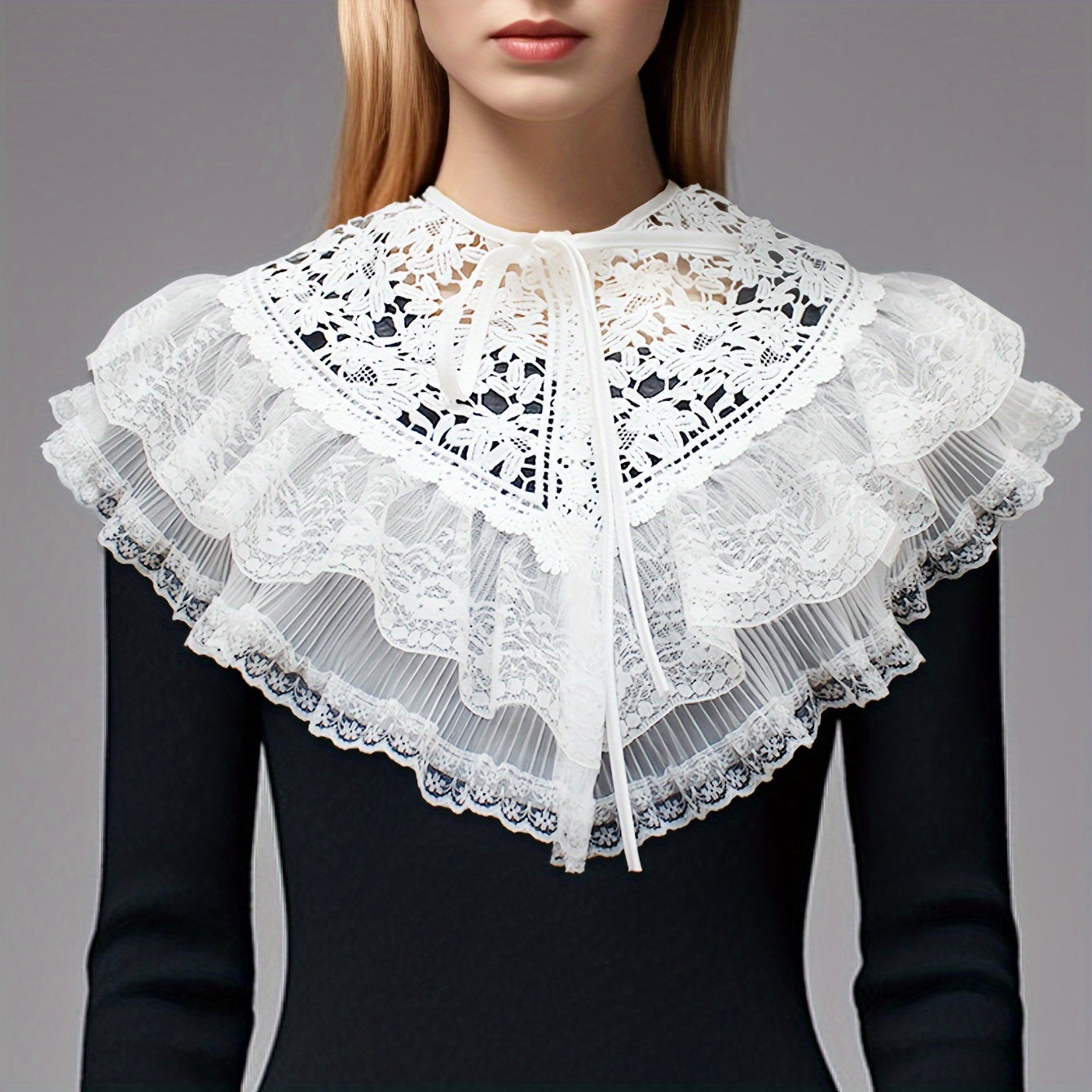 TEMU Women'-layer Floral Lace Shawl Collar Scarf - Oversized Detachable Collar With Delicate Edge, Versatile Accessory For T-shirts, Sweaters &