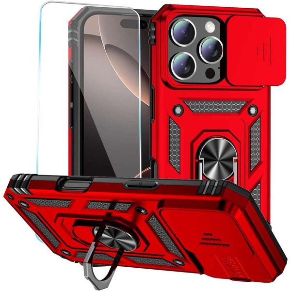 D Screen Protector 3 Slide Camera Cover Rotated Ring Kickstand, Military-Grade Phone Case for iPhone 16 Pro Max 6.9 Red