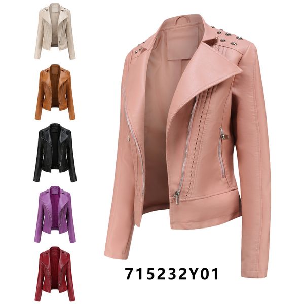 0C 469M80 New Sp33dy B Women&#039;s Beaded Leather Jacket Long Sleeved Fashionable Coats Flip Collar Motorcycle Suit Slim Edition
