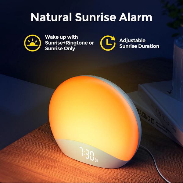REACHER Sunrise Alarm Clock Table Clock Dimmable with 3 Ring 8 Nightlight 26 Sound Countdown Timer Night Light Sunlight Wake Up 250211