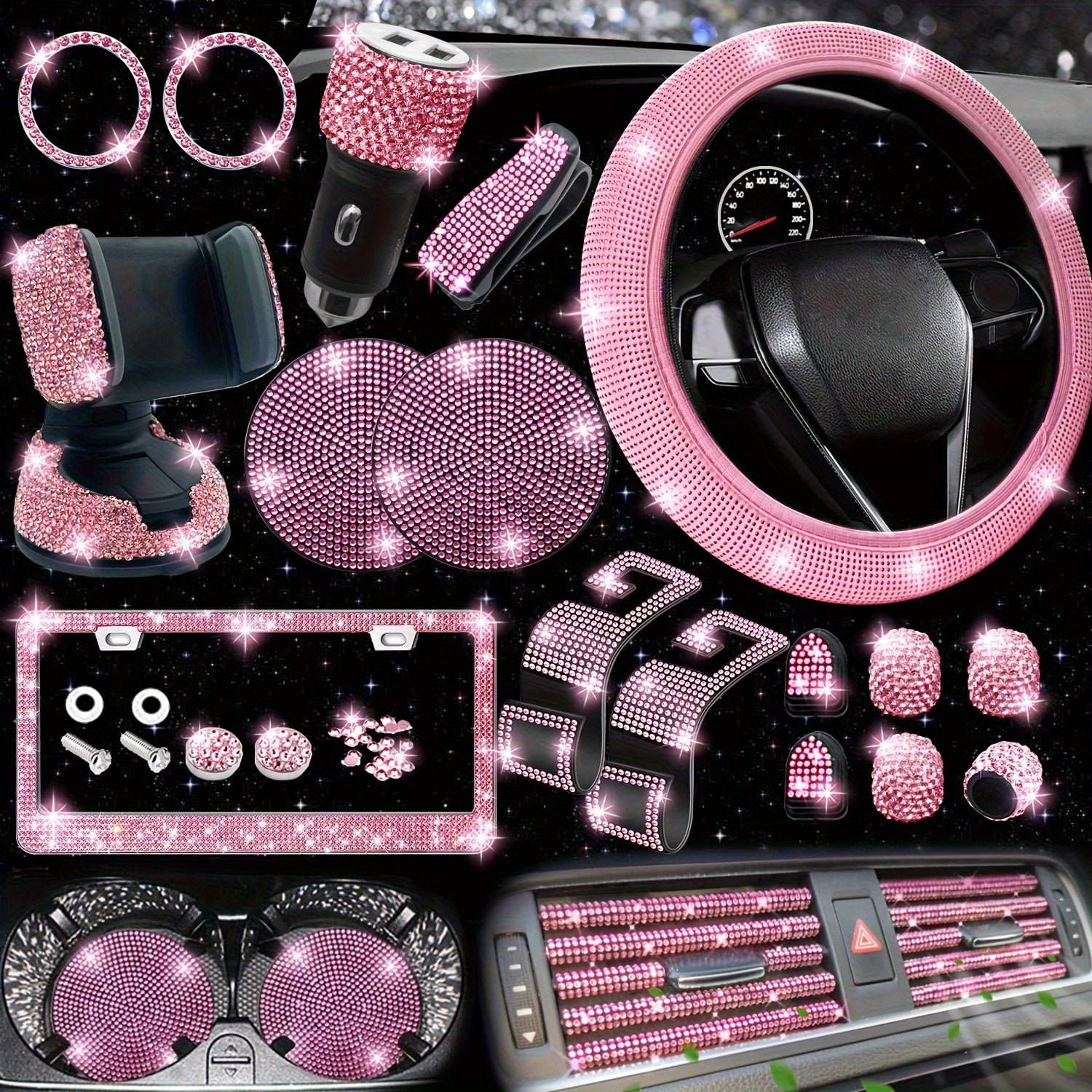 TEMU 27pcs Car Accessories Set For Women, Bling Steering Wheel Covers Universal Inch, Bling License Plate Frame, Bling Phone Holder, Bling Car
