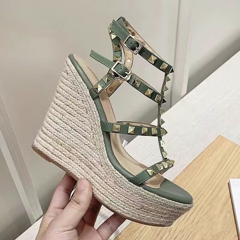Fashion Wedges Sandals Shoes with spiked High Heels Girls sandal heel white denim espadrille wedges walking calfskin Caged Wedge womens designer sho