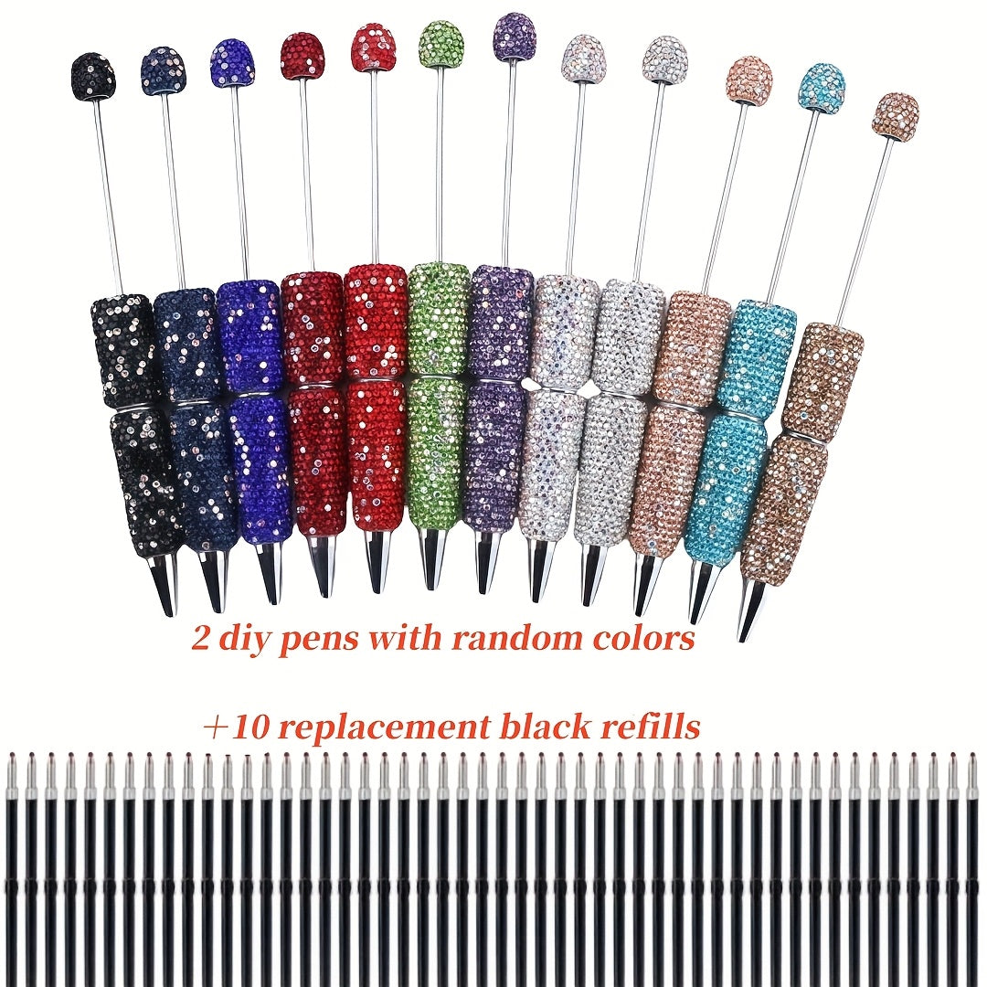 TEMU 12pcs Hot Selling Shiny Artificial Jewelry Making Kit Diy Beaded Ballpoint Pen With Random Colors (2 Pens + 10 Replacement Refills) Diy Material