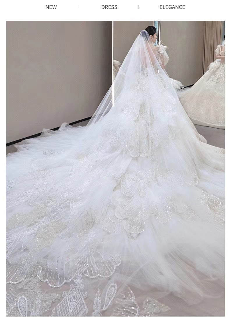 2023 New Lace A-Line Wedding Dresses diamond Sheer Neck Long train Beaded Overskirt Dubai Arabic Bridal Gowns Church garden boho Wed Dress multilaye