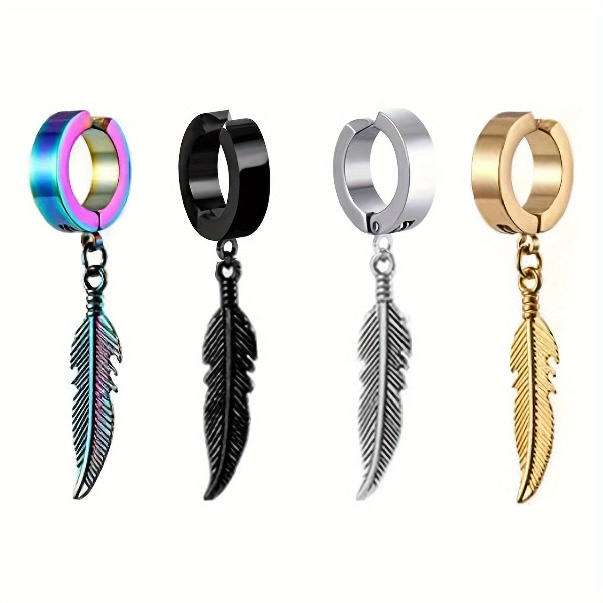 TEMU 4pcs-set, Earrings, Men's Ear Clips With Creative Feather Pendant, Stainless Steel Hip Ear Jewelry