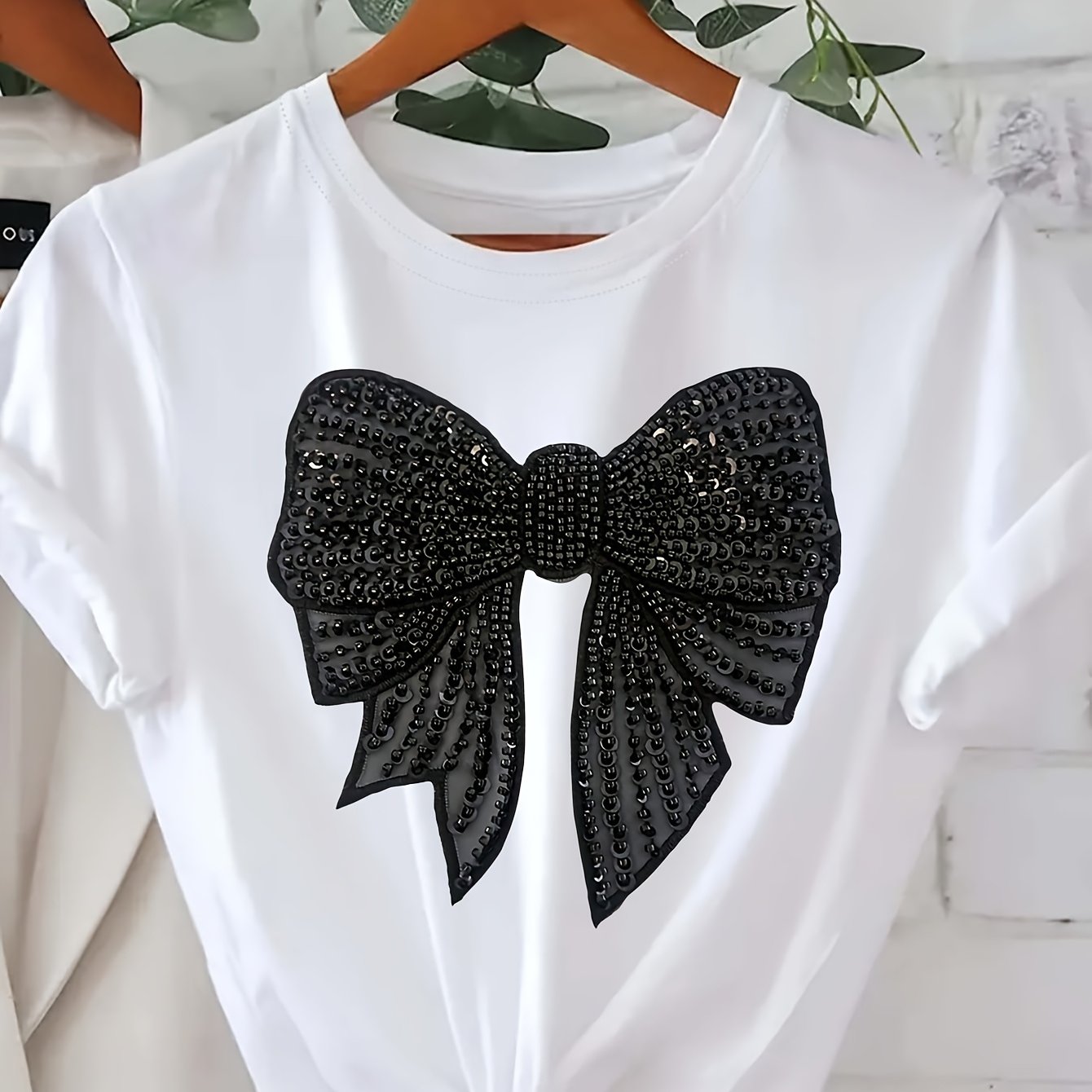 TEMU Women's Sparkly Black Bow T-shirt - Short Sleeve, Glittery Sequin Detail, Casual Crew Neck Top For All , Sequin Detailing | Glittery | Knitted