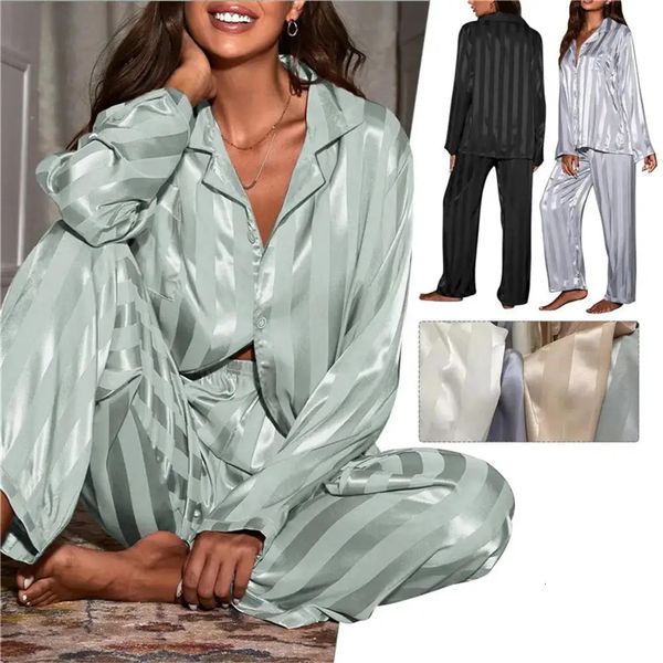 Womens Summer Striped Pajama Set Long Sleeve Top Trousers Silk Satin Home Suit Spring Loose Casual Sleepwear Female Nightwear 250110