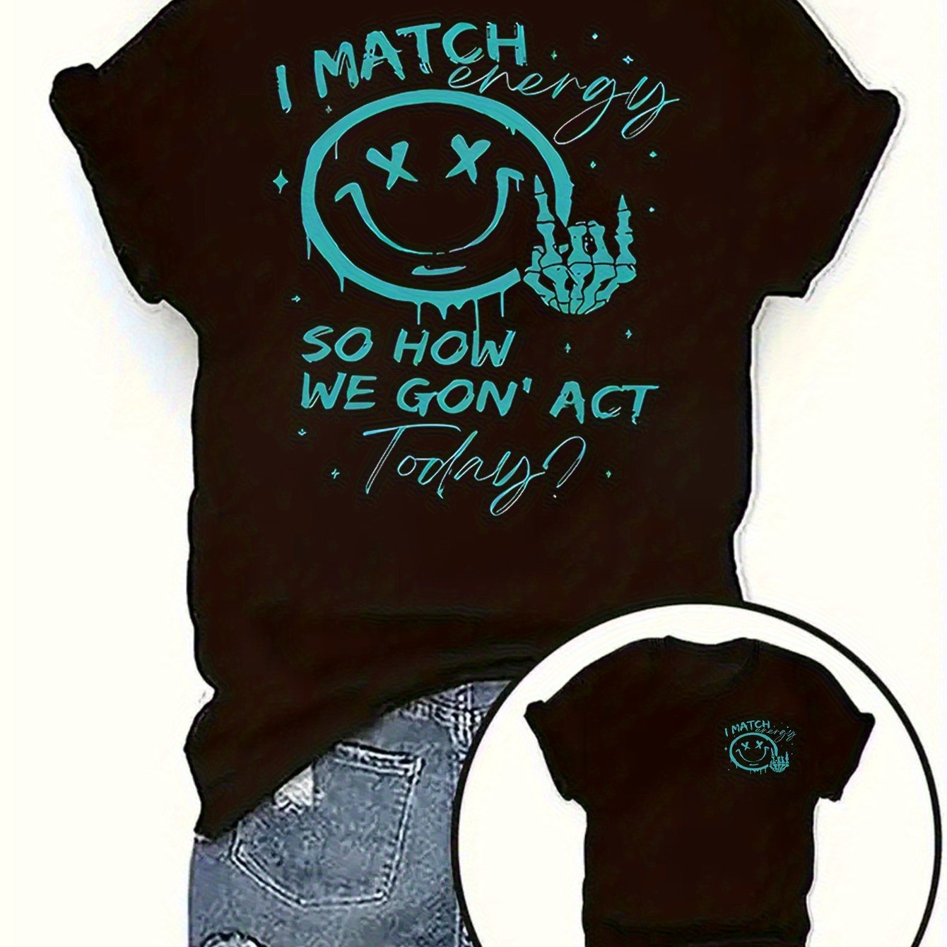 TEMU Women' Duplex Printing% 180g Heavy Retro Sarcastic Pattern T-shirt-xingx, With "i Match Energy" Slogan, Happy Face And Design, Casual Short