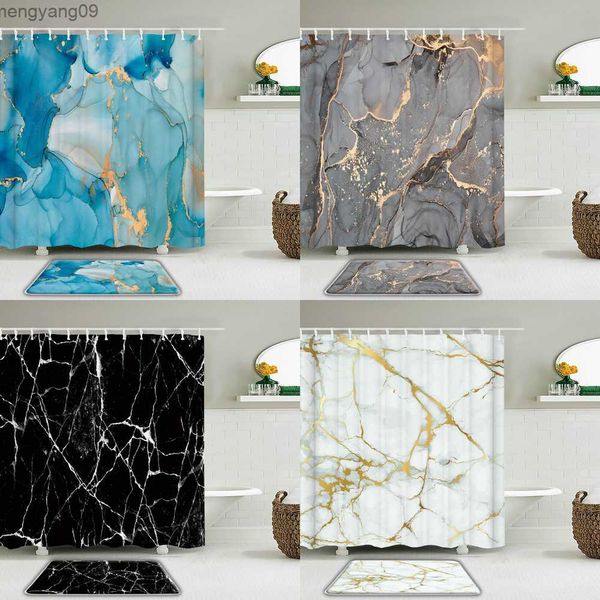 Shower Curtains Marble Pattern Shower Curtain Set Waterproof Bathroom Curtains With Bath Mats Modern Abstract Stone Grain Luxury Curtain R23