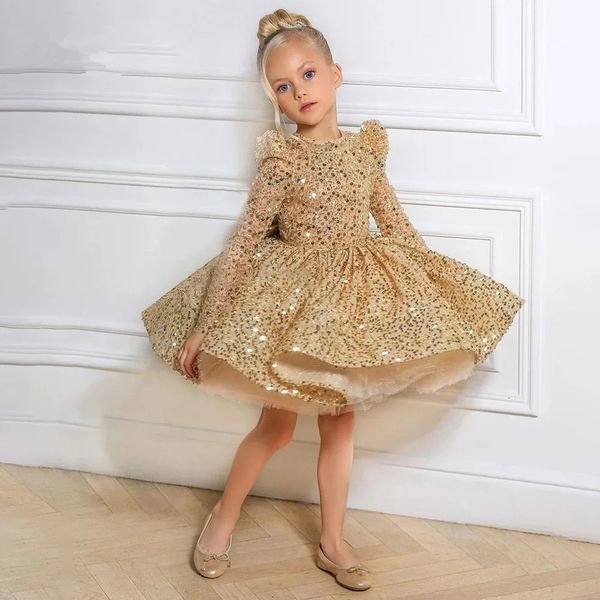 Children Clothing Baby Girl Puffy Gauze Dresses Birthday Elegant Princess Prom Dress for Kids Gold Sequin Long Sleeve Ball Gown 241219 X2501