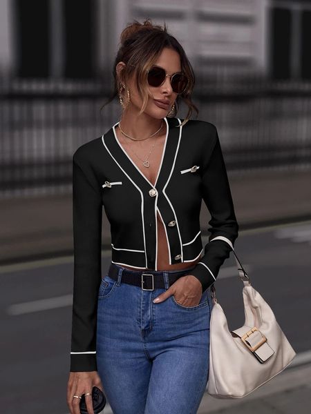 Autumn Winter Women Clasic V Neck Button Front Striped Crop Knit Sweater Colorblock Cardigan Femme Long Sleeve Fashion outerwear 250211