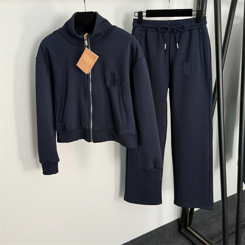 Designer Cropped Zipper Jacket Pants Tracksuits For Women Long Sleeve Sweatshirt Outerwear Drawstring Straight Trousers Casual Set
