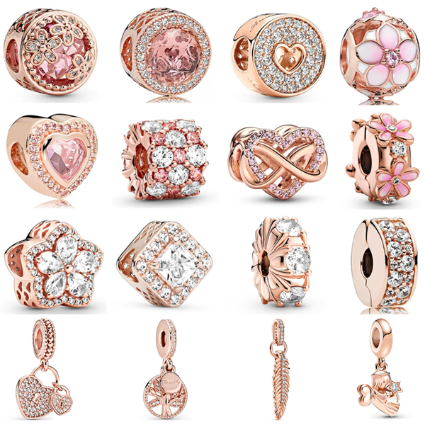 Rose Heart Charm S925 Sterling Silver Transparent Glittering Beads Suitable for Bracelet DIY Fashion Jewelry