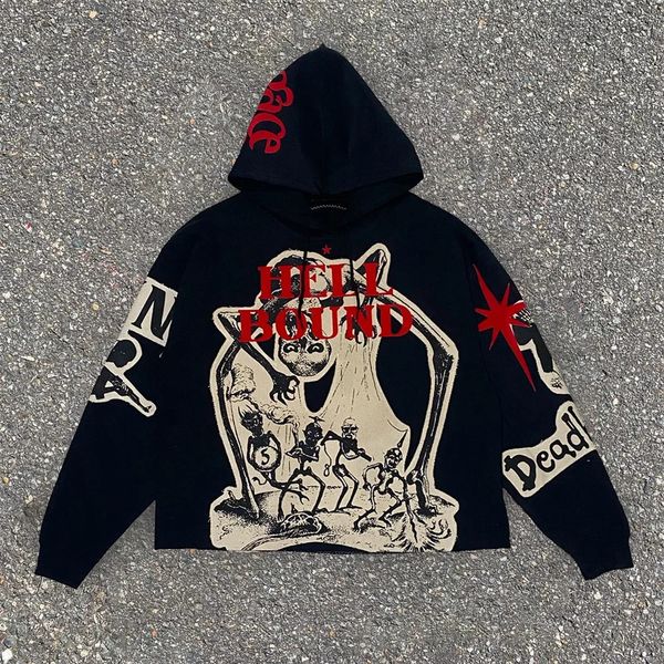 Retro Elastic Long Sleeve Outerwear Harajuku Casual Gothic Hooded Skull Print Hoodies Men Loose Jacket Sweatshirt Y2K Streetwear 240822