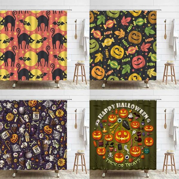 Halloween Black Cat Shower Curtain Terrifying Orange Pumpkin Full Moon Weird Fun Cartoon Halloween Fabric Bathroom CurtainX240820