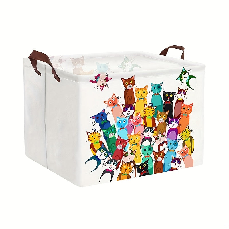 TEMU 1pc Whimsical Cat-themed Polyester Storage Basket With Handles – Rectangular, Organizer For Books, Toys, And Gifts – Colorful Cartoon Cat Design