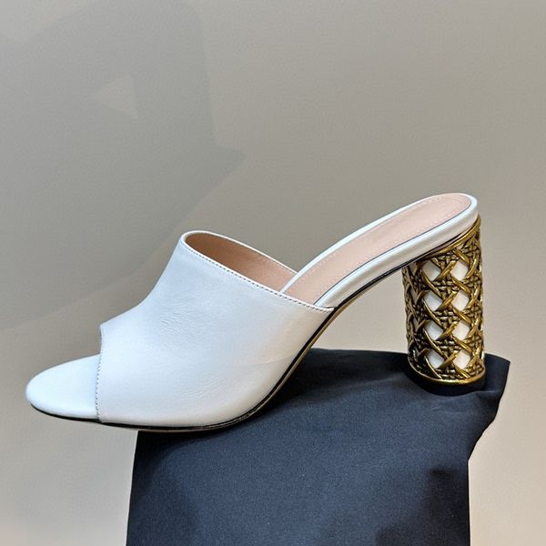 Luxury Designer Genuine Leather High Heel Sandals Special Shape Heel 9.5cm Height Artwork Heel Cowhide Sole Women Bulky Heel Slippers factor