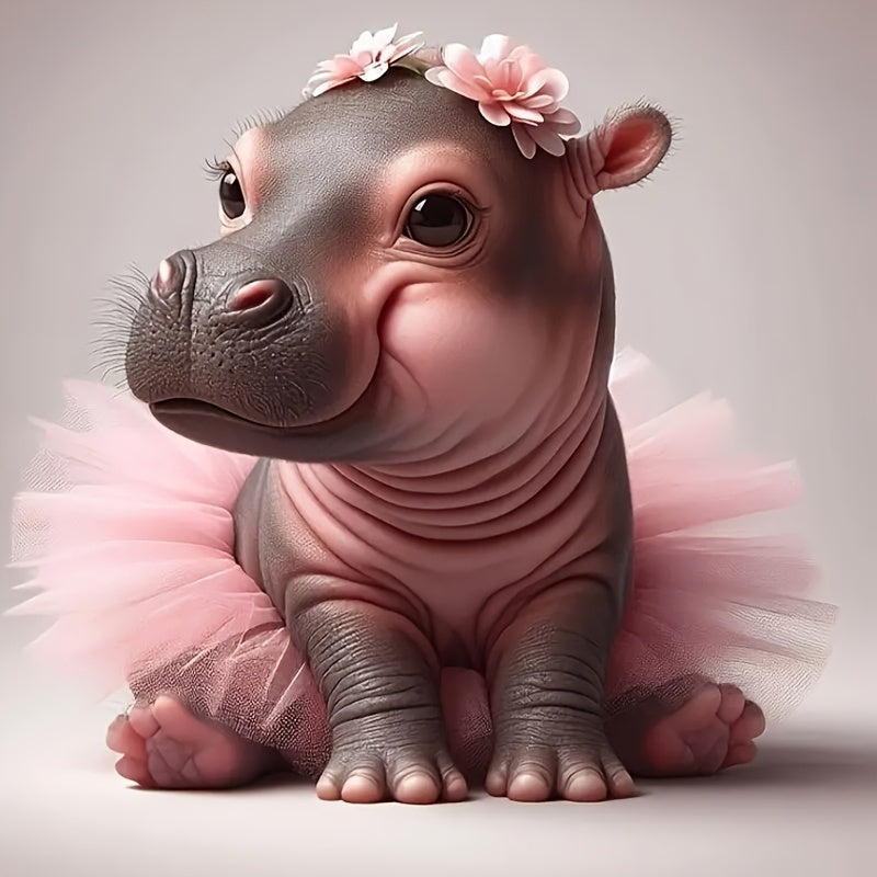 TEMU 15.24cm Cute Ballet Dancing Hippo Vinyl Decal With Sparkling Pink Tutu & Floral Headband - Self-adhesive Glossy Sticker For Car, Laptop, Bottle,