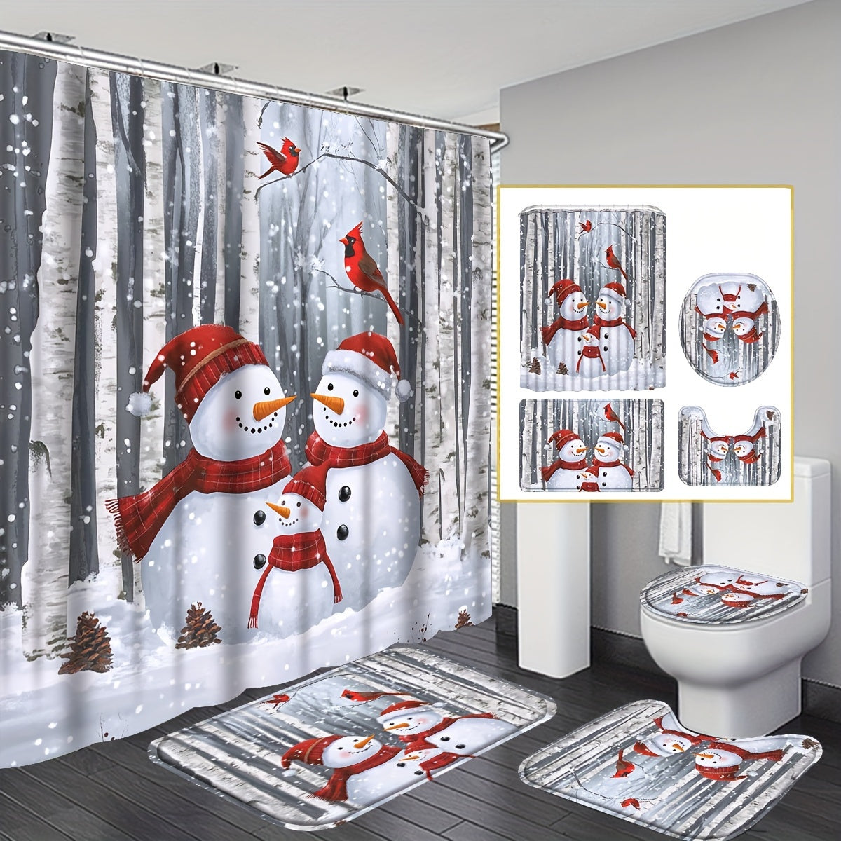 TEMU 4pcs Festive Christmas Snowman Family Shower Curtain Set, Waterproof Shower Curtain With 12 Hooks, Bath Rug, Toilet Mat, Toilet Lid Cover Pad,
