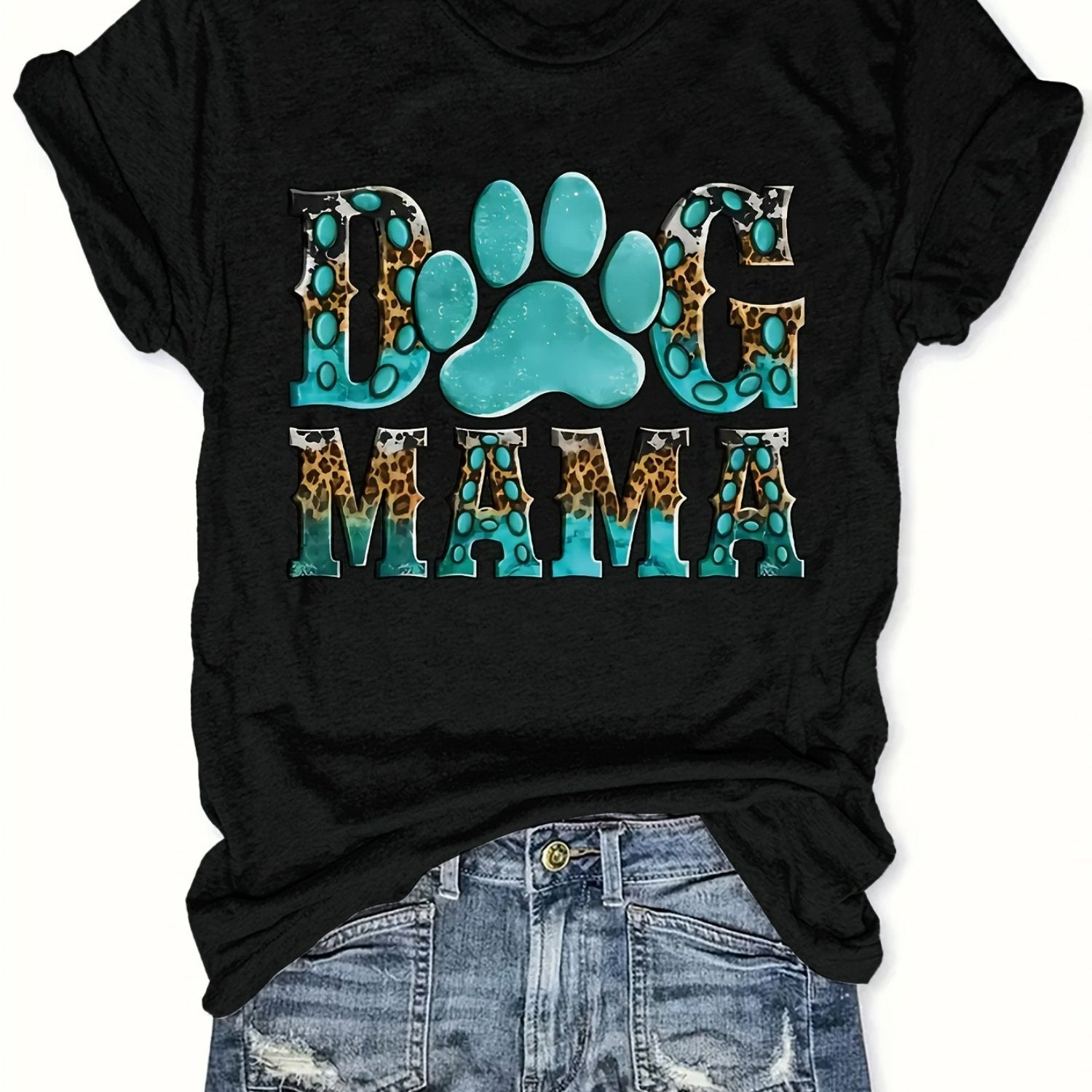 TEMU Graphic Tee - Women's Casual Crew Neck Short Sleeve T-shirt, Breathable Polyester, Machine Washable, Black With Blue Letter Print & Paw Design