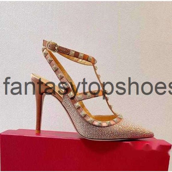 Valentines Valentine V-buckle Valentines VT Champagne Stiletto Rhinestone Embellished Pumps Shoes Stiletto Dress Shoes Slingbacks Designers