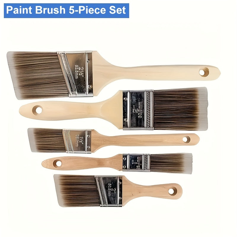 TEMU 5pcs Professional Paint Brush Set - Angled Oil Brushes With Wooden Assorted Sizes For Art & Craft, School Supplies, Office Use