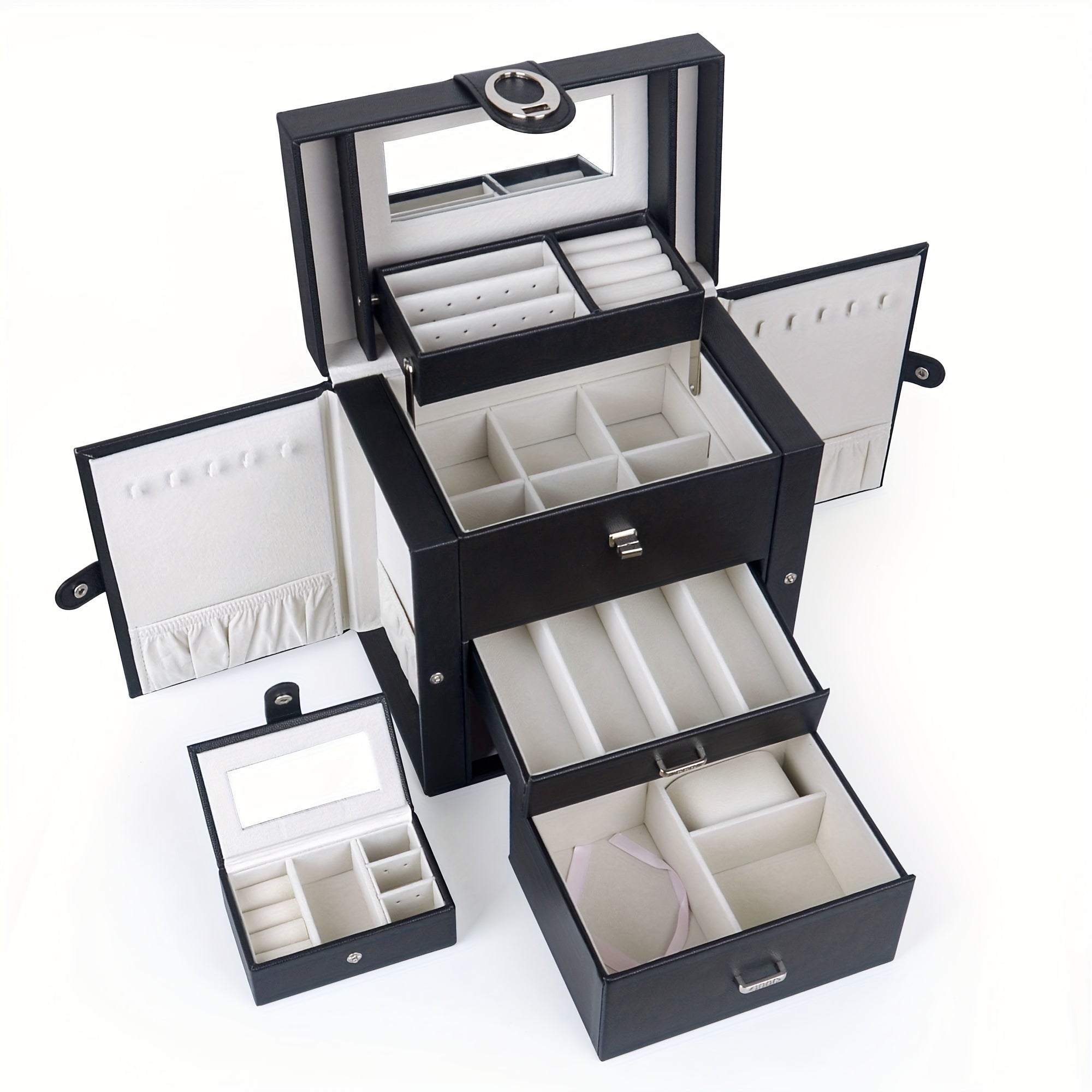 TEMU Women's Jewelry Box, Leather Jewelry Storage Box With 2 Drawers And Mirror, Portable Travel Necklace, Ring Storage Box, Black