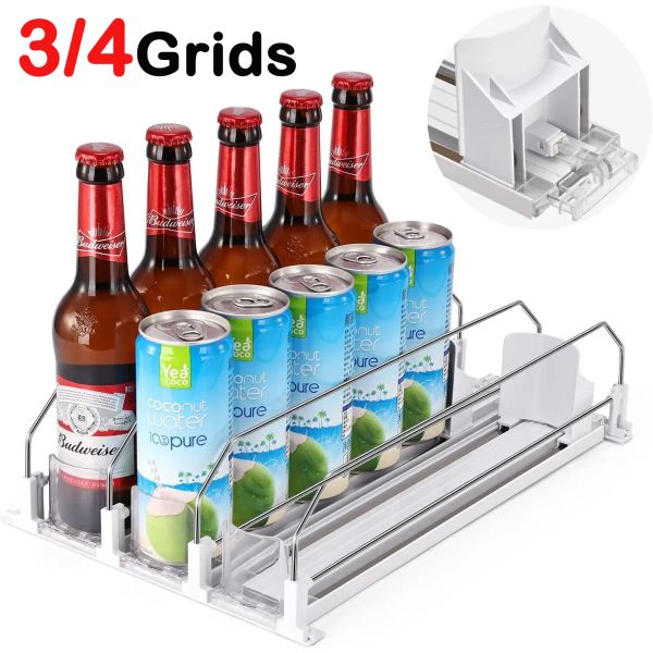 3-4 Grids Fridge Canned Beverage Organizer Spring Self-Sliding Soda Drink Can Dispenser for Kitchen Refrigerators Storage Shelf