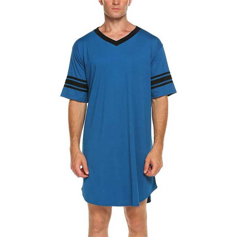 Men Cotton Nightshirt Robes Short Sleeve Soft V-neck Loose Nightwear Summer Casual Male Sleepwear Long Tops Loungewear Dailywear Y240919