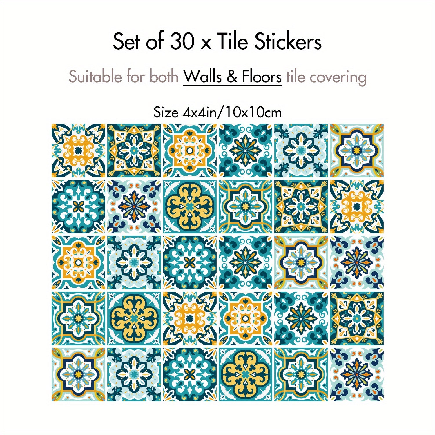 TEMU 30pcs, Bohemian Colored Tile Wall Sticker, Living Room Background Wall Decoration Sticker, Moroccan Pattern Self-adhesive Wallpaper 4x4 Inches,
