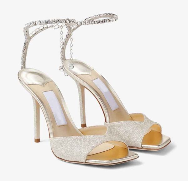 Luxury Women sandal high heels shoes SAEDA SANDAL 100mm Crystal ice white gold particle glitter sandals Square toe strass ankle strap with b