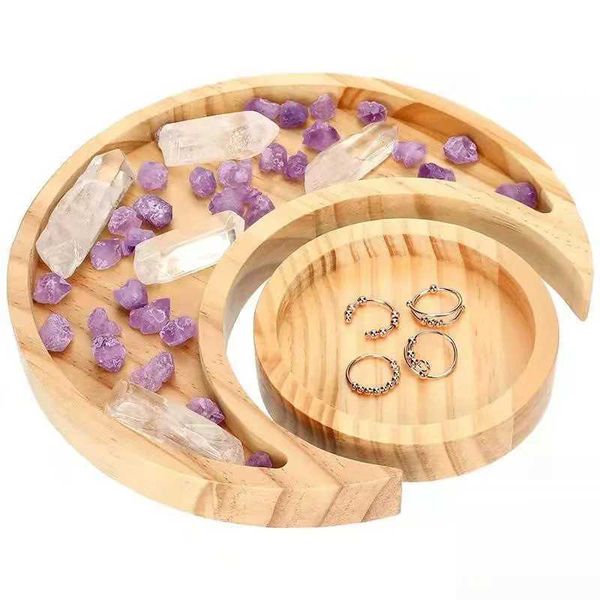 Decorative Plates Wooden crystal frame moon tray with disc display stone crystal essential oil jewelry ring storage organizer home decoratio
