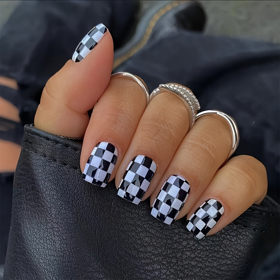 TEMU 24-piece Short Length Square Press-on Nails Set, Black & White Checkered Design, Glossy Finish, Elegant , Nail Art Kit