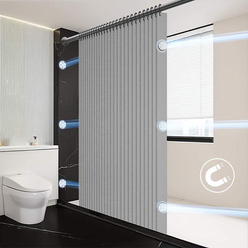 TEMU 1pc Foldable Magnetic Shower Curtain, Thick Fabric Partition Privacy Waterproof, With Hook Attachment And Binding, Machine Washable All Season