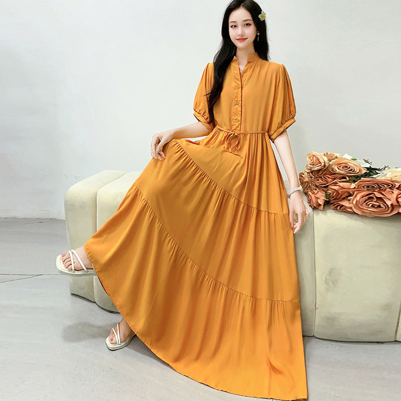 107 Plus Size Women&#039;s Dress Southeast Asia Short Sleeve Rayon Silk Long Swing Skirt Mid Sleeve Beach Maxi Dress