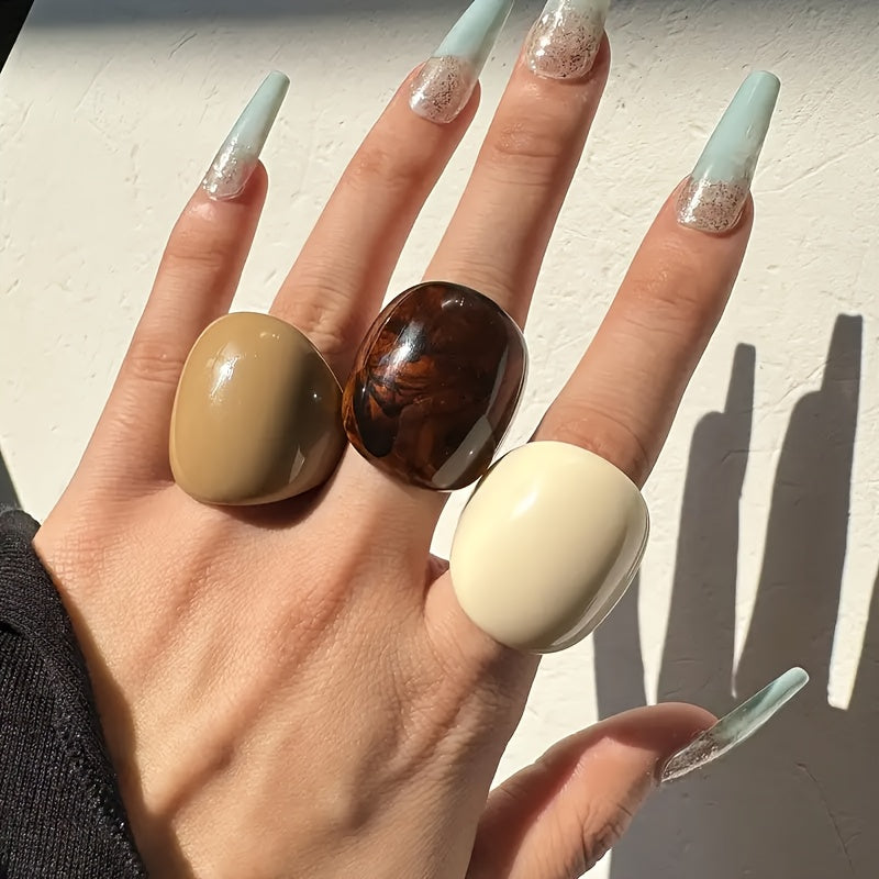 TEMU 3pcs Elegant Vintage Beige & Brown Resin Ring Set - Minimalist Stackable Rings With Smooth Glossy Finish, Perfect Gift For , Jewelry|minimalist