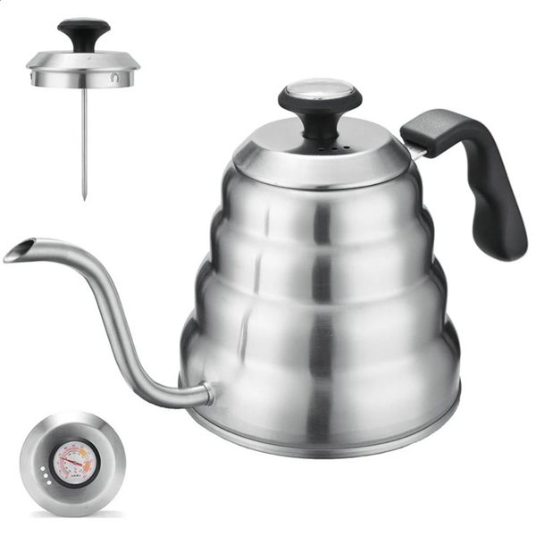 Kettle1L-1.2L Stainless Steel Pour Over Coffee Pot Drip Kettle with Thermometer For Home Office Cafetera 240809