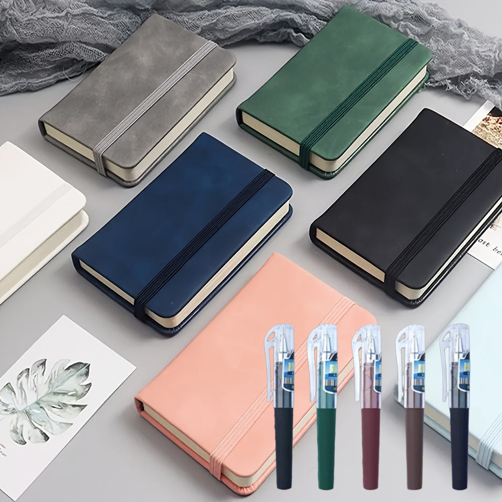 TEMU 10pcs Leather Notebook Set - Softcover Mini Journals With Elastic Closure, 100 Lined Pages Each - Random Color - 5 Notebooks 5 Mini Pens, Ideal