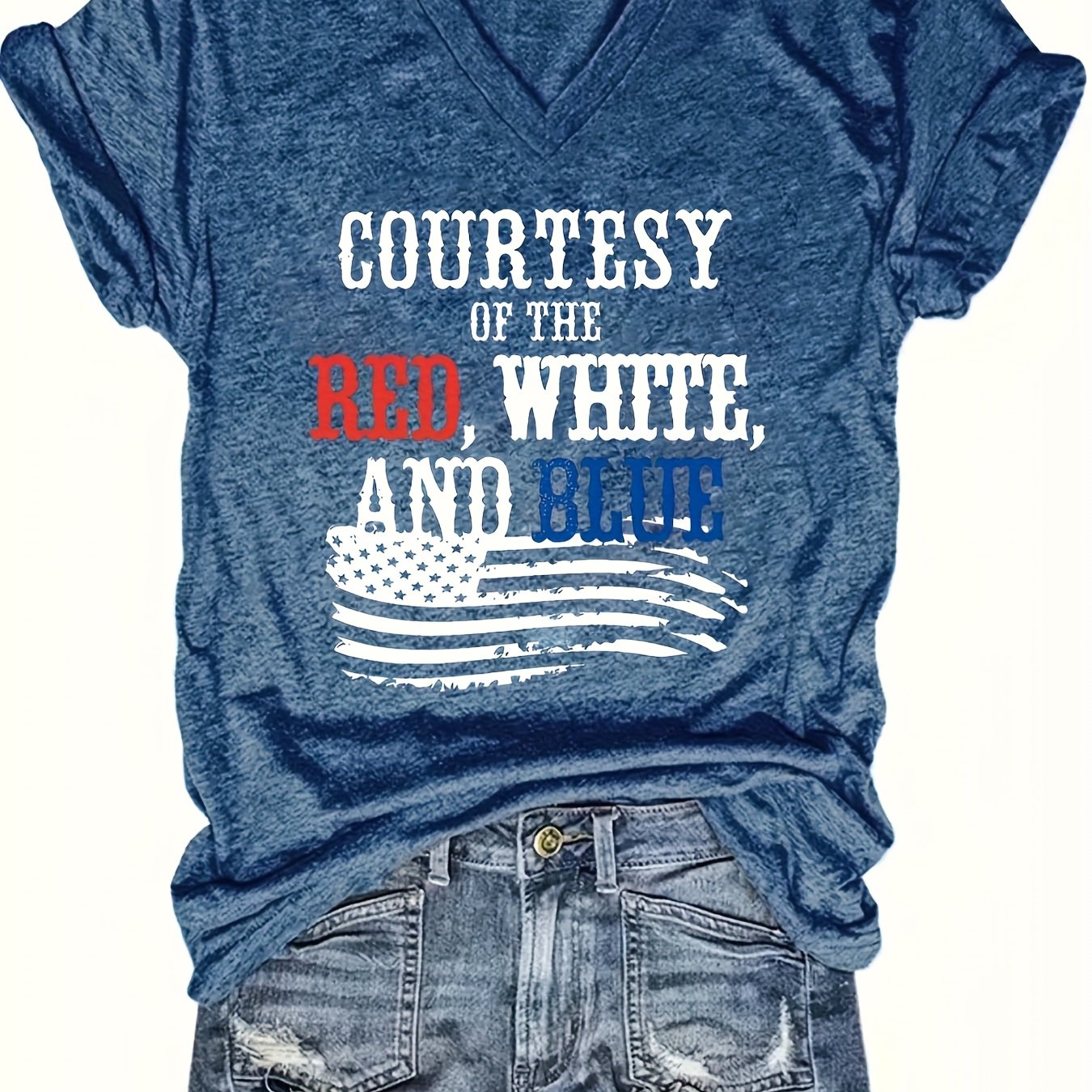 TEMU Women's Patriotic V-neck Short Sleeve T-shirt - " " Graphic Tee With American , Casual Loose Fit For Summer, Casual Summer Wear | Patriotic