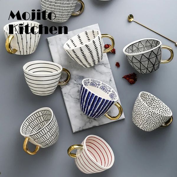 Nordic handmade geometric ceramic cup gold handle irregular cup used for creative coffee cups for coffee tea milk oats 240820