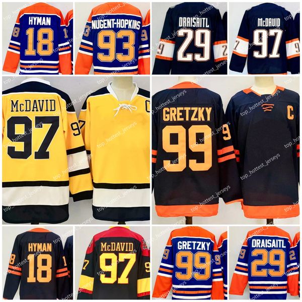 18 Zach Hyman Leon Draisaitl Hockey Jerseys Connor McDavid Ryan Nugent-Hopkins Men New Stitched Jerseys Orange Blue