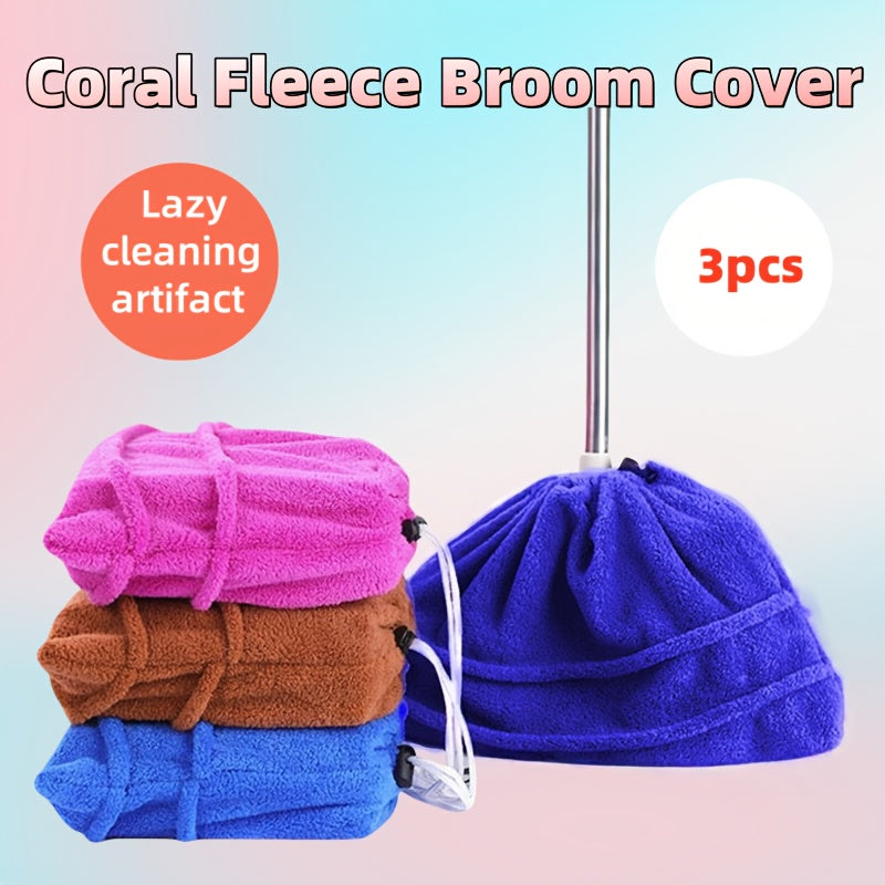 TEMU 3pcs Of Coral Velvet Broom Cover-lazy Cleaning Tool- Dry And Wet Use-thick And Dense, Strong Water Absorption-electrostatic Adsorption,
