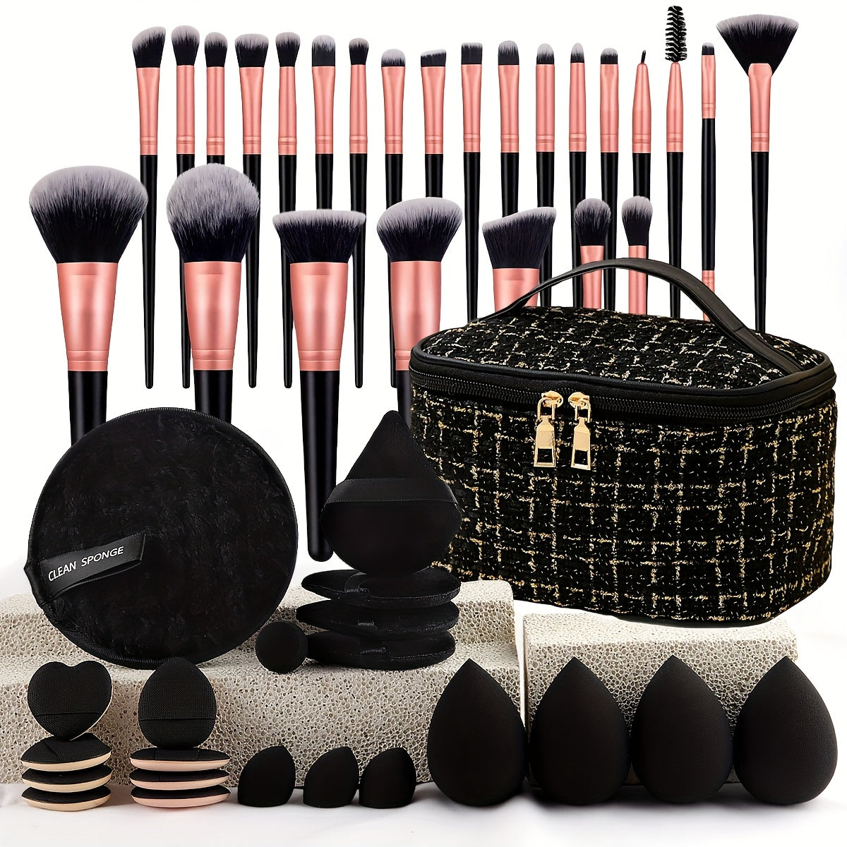 TEMU 47pcs Professional Makeup Brush Set With Retractable Brushes, Nylon Bristles & Concealer-contouring Sponges - Wet-dry Use, Full-size Expandable