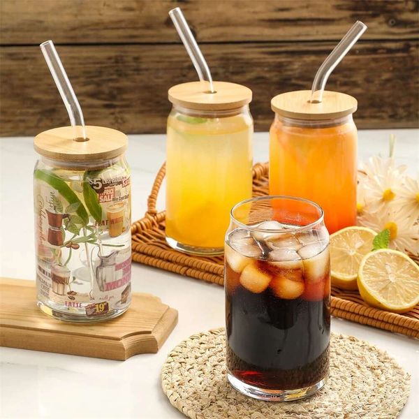 1-2-4-6pcs With Lid and Straw Transparent Bubble Glasses Tea Cup Juice Glass Beer Can Milk Mocha Cups Breakfast Mug Drinkware