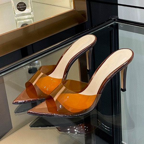 New Genuine Leather High Heel Mule Slippers Rhinestone Pvc Fashion Women High Heel Sandals Slip-on Open Toe Women Luxury Brand Shoes Size 35