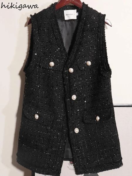 Sequins Vneck Tops Women Vests Coat Black Temperament Waistcoat Ropa Mujer Chic Tassel Sleeveless Tweed Tanks Jacket 7p069 241228