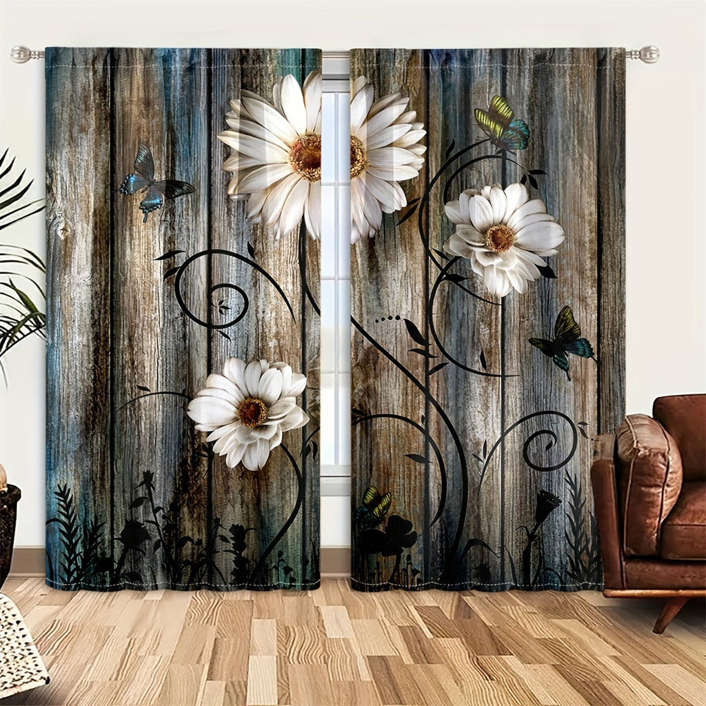 TEMU 2pcs Floral Curtain With Wooden Door Pattern, Digital Printed Window Curtains For Living Room, Kitchen, Bedroom, Study, Dining Room, Home Decor