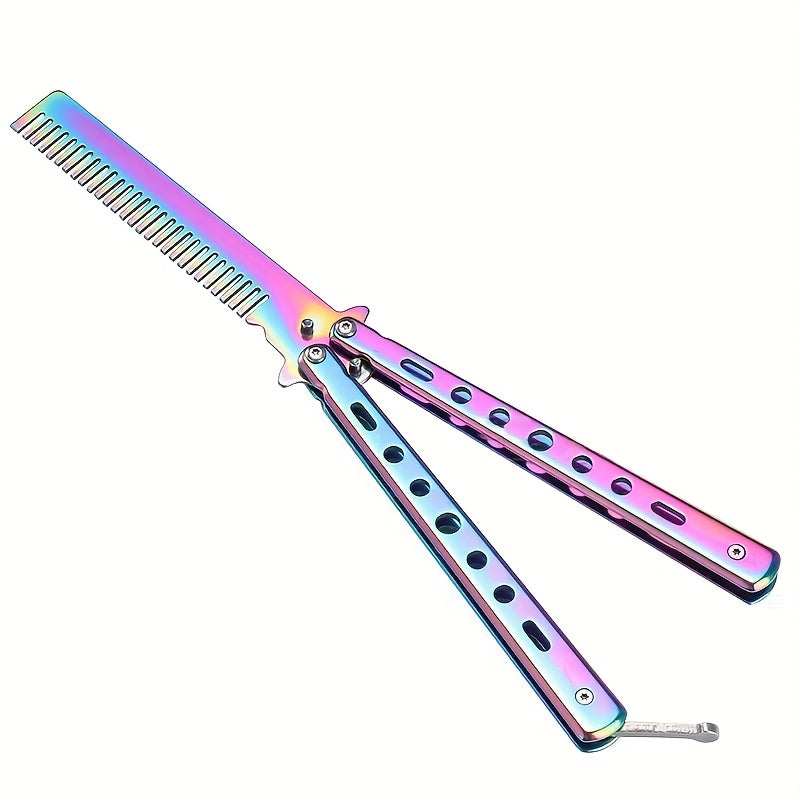 TEMU Rainbow Stainless Steel Folding Comb - Beginner-friendly Beard & Hair Styling Tool, Heatless Grooming Accessory For Men, Perfect Birthday Or