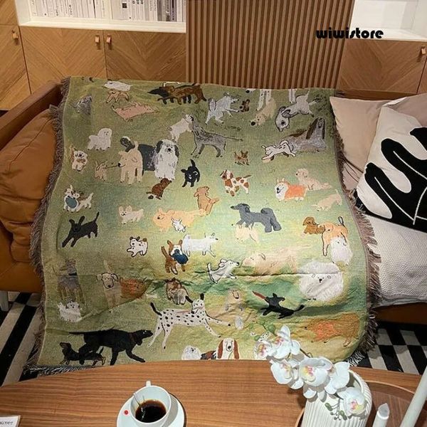Cute Animal Blanket Outdoor Camping Picnic Mat American Vintage Puppy Park Throw Blankets for Bed Room Decor Tapestry Sofa Cover 7ff
