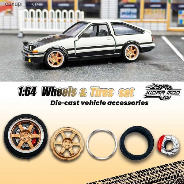 Diecast Model Cars Kicarmod 1-64 Model Car ABS Wheels with Rubber Tire Brake Disc Metal Rims Diameter 10mm Refitting Parts For Model Car Hot